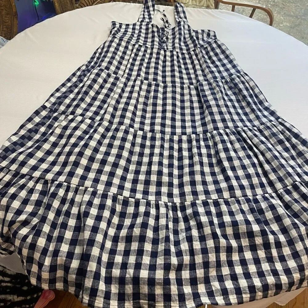 Who What Wear Blue White Picnic Gingham Linen Dress Size XLP XL